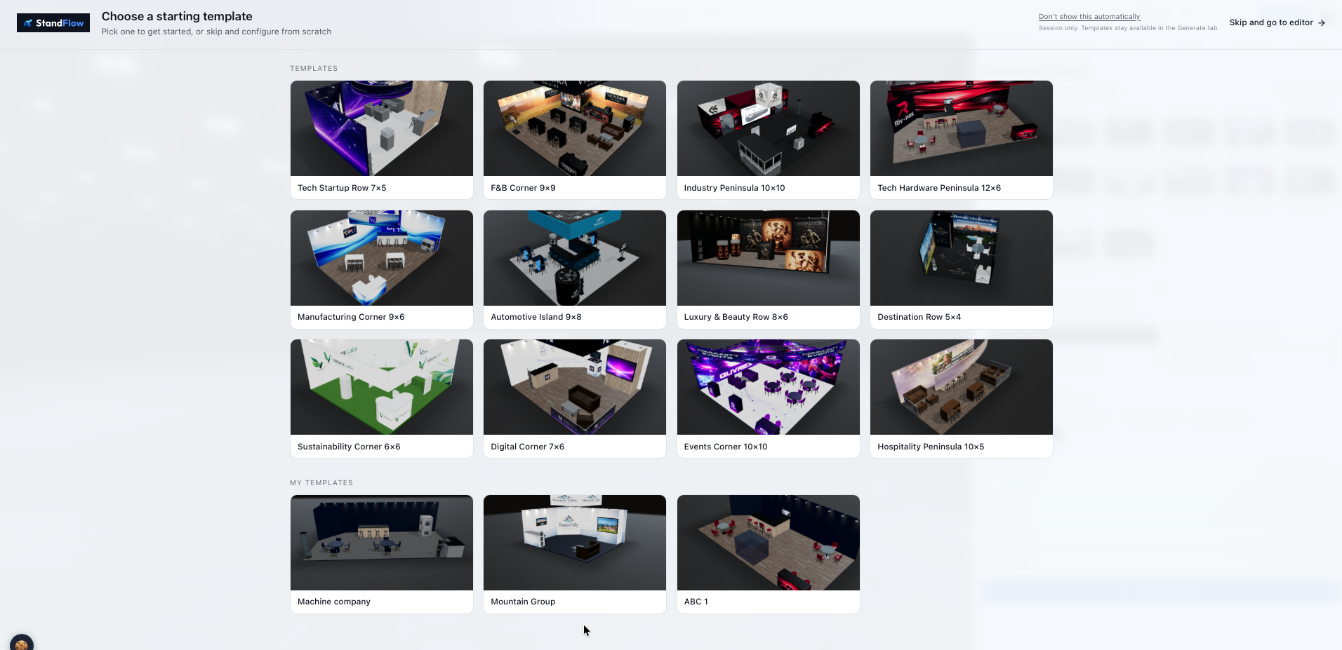 StandFlow template selection panel